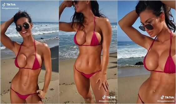 Big tits fitness babe in red bikini